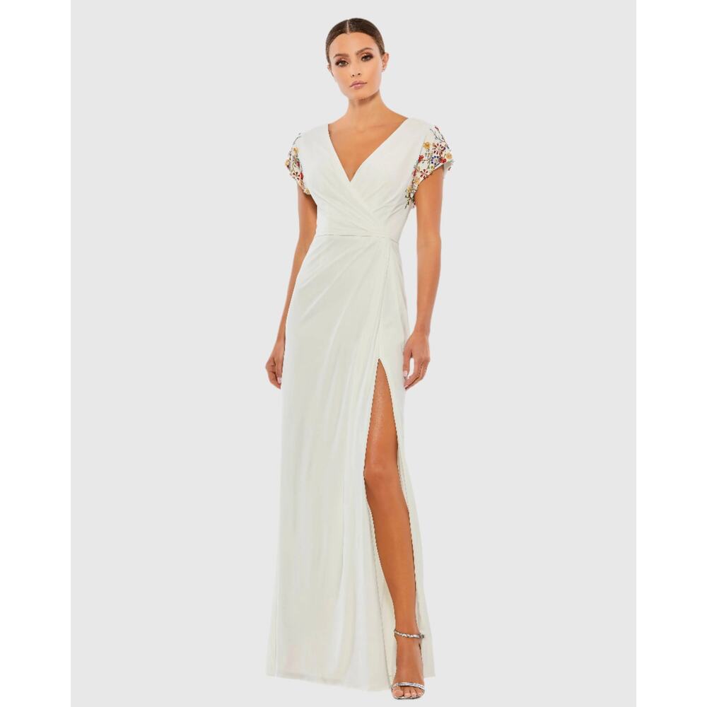 Mac Duggal White Floral Bead Embellished Sleeve Jersey Wrap Formal Gown 4